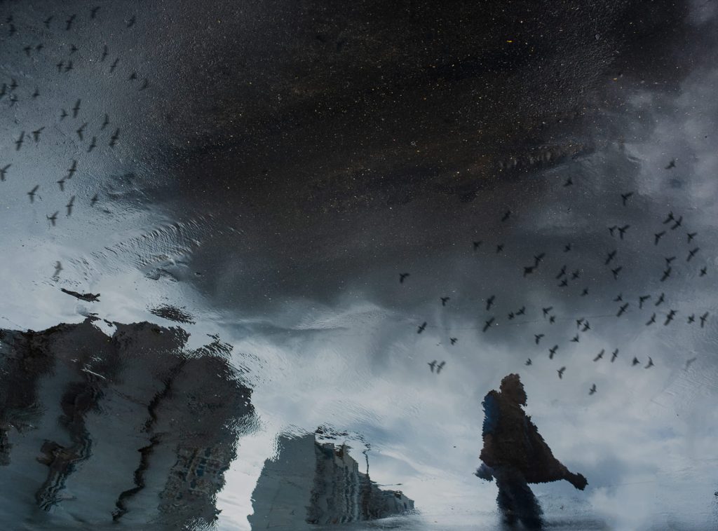 Figura solitaria riflessa nell’acqua sotto un cielo scuro, con stormi di uccelli in volo e una città distorta sullo sfondo