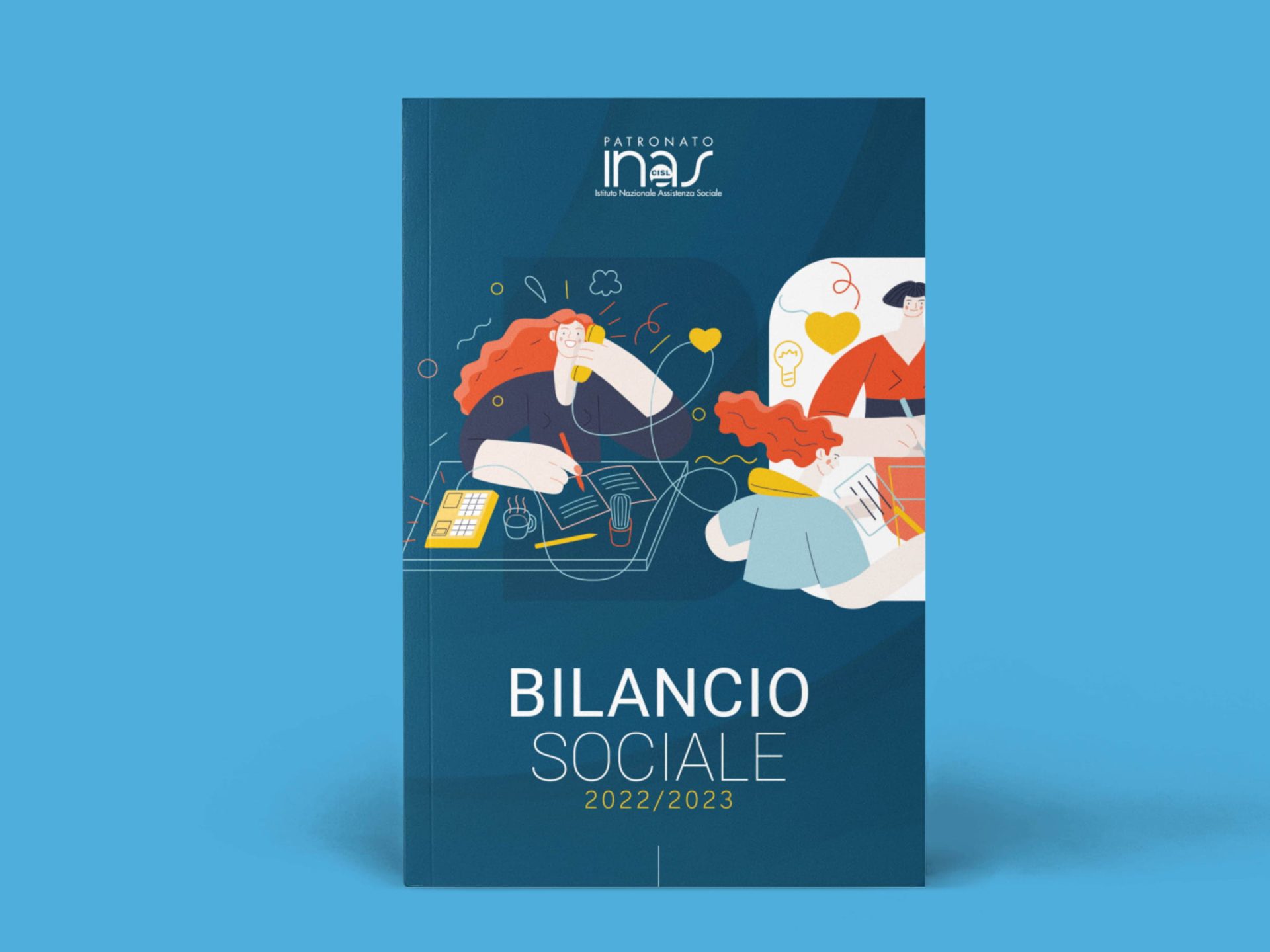 Mockup di impaginato interno con testo descrittivo e illustrazioni morbide a supporto dei contenuti