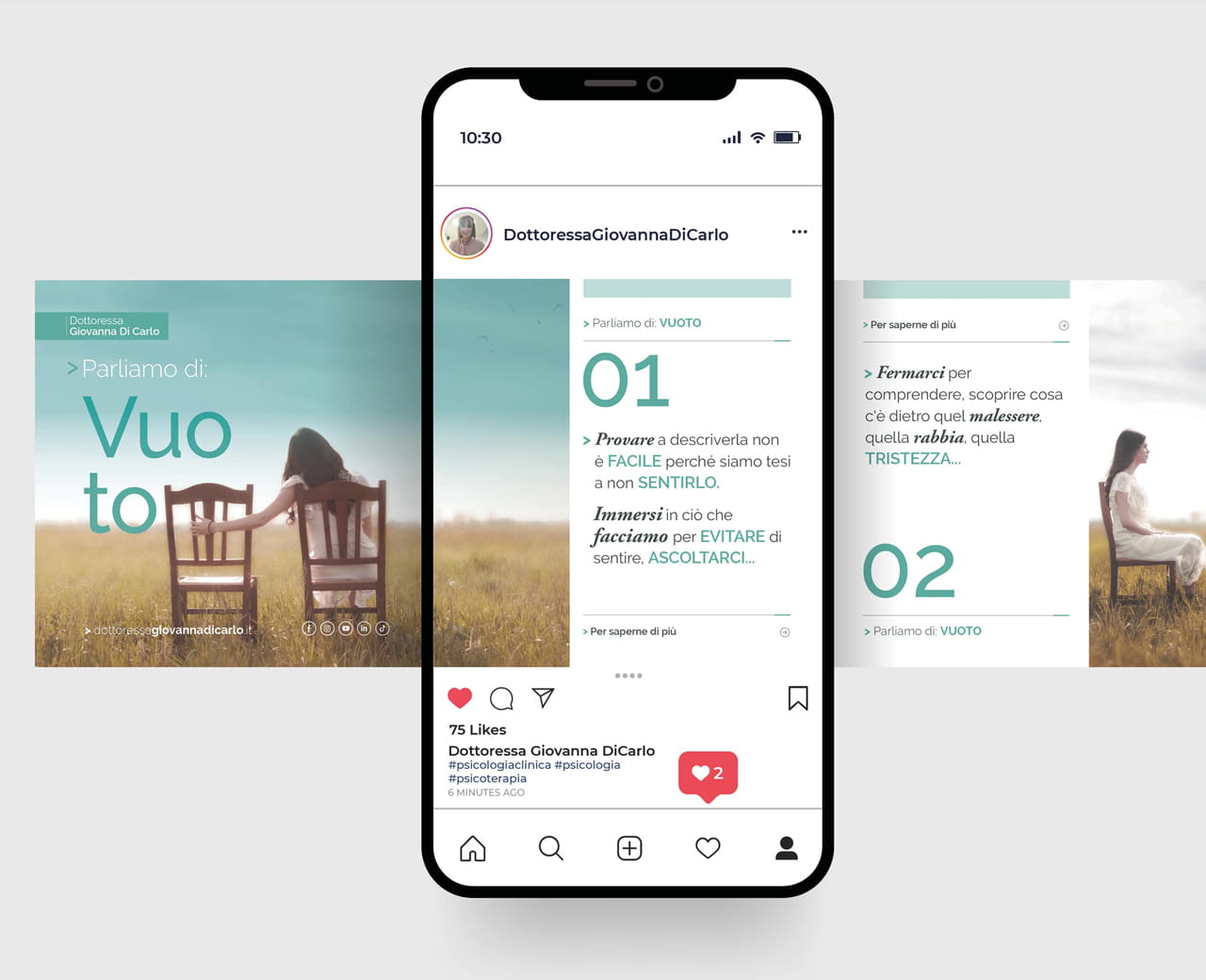 Progetto visual e social design per Dottoressa Giovanna Di Carlo Mockup di progetto grafico e social media design per Dottoressa Giovanna Di Carlo, con layout editoriali su smartphone e immagini coordinate sul tema del vuoto