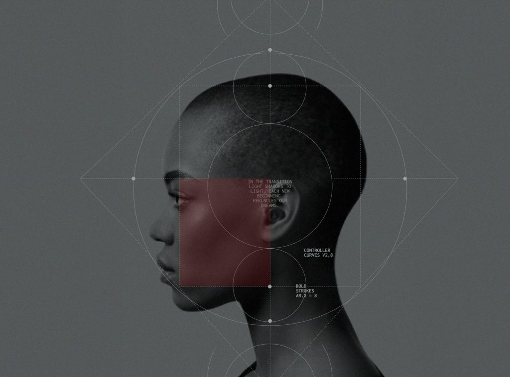 Profilo umano stilizzato con griglia geometrica e forme circolari, rappresentazione concettuale dell’identità visiva come sistema strutturato.